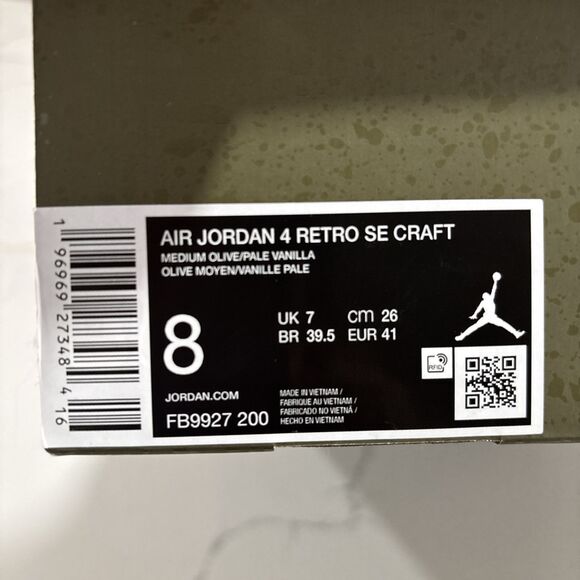 Size 8- Jordan 4 SE Retro SE Craft - Olive - PREOWNED With Original Box - Picture 2 of 8